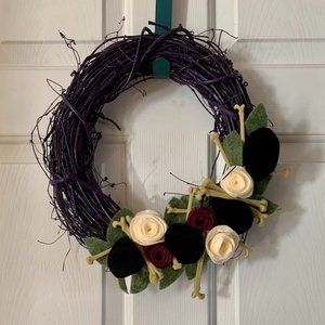 Purple Grapevine Wreath with Bones and Felt Leaves Flowers  - Green Witch